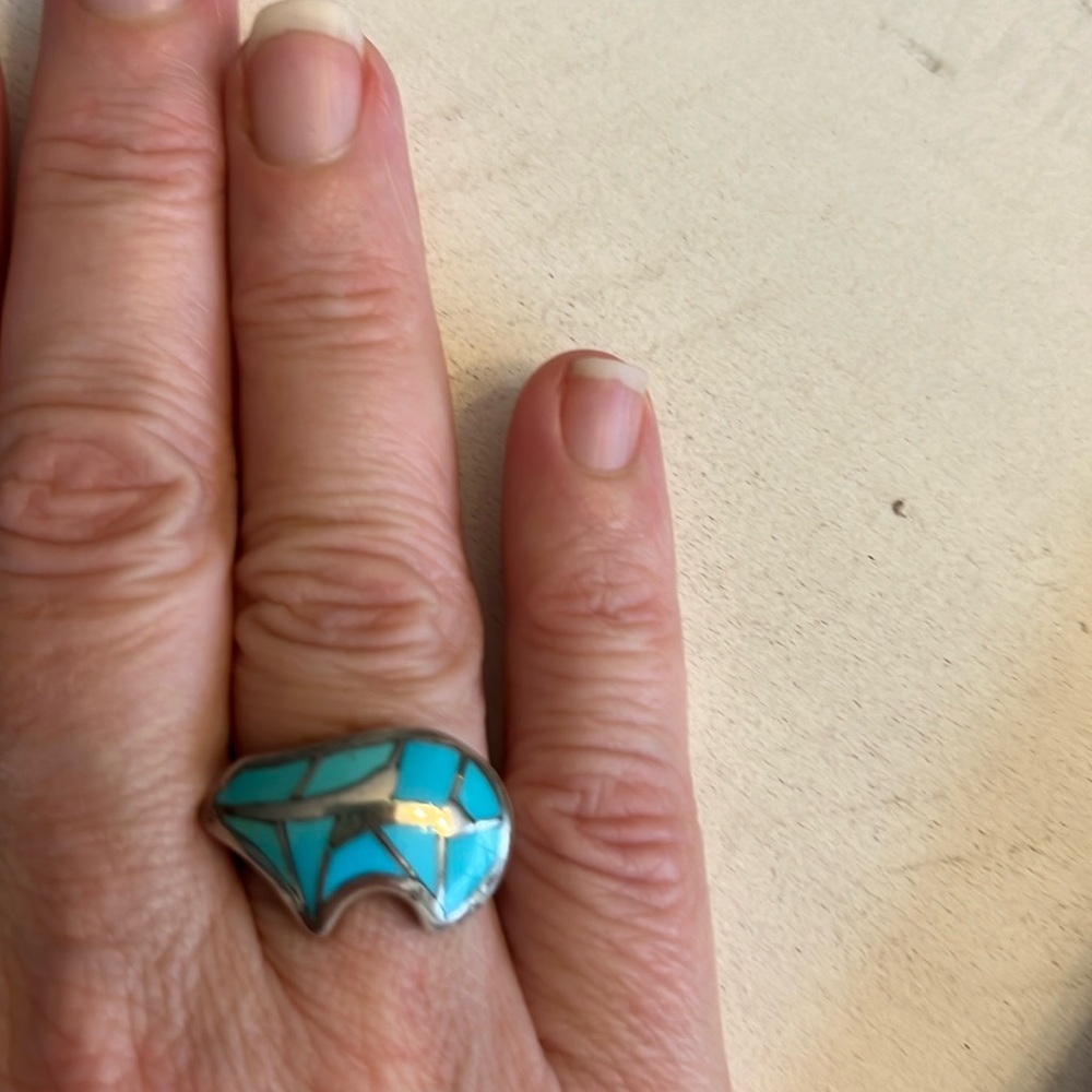Sterling silver and turquoise Navajo or Zuni inlay ring sz6